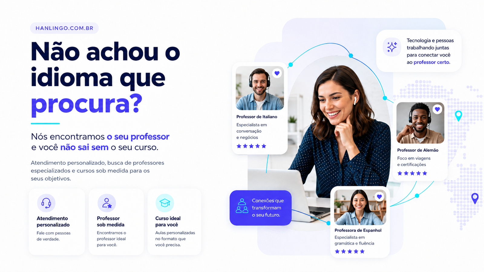 Banner promocional de atendimento personalizado para encontrar o professor ideal