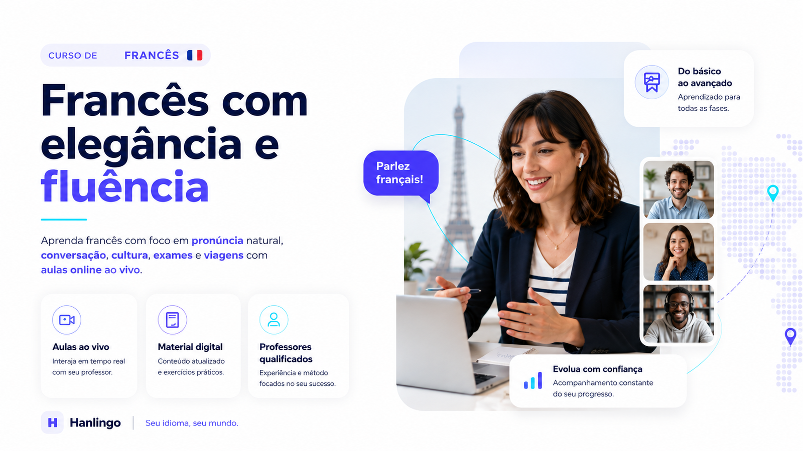 Banner promocional do curso de francês da Hanlingo