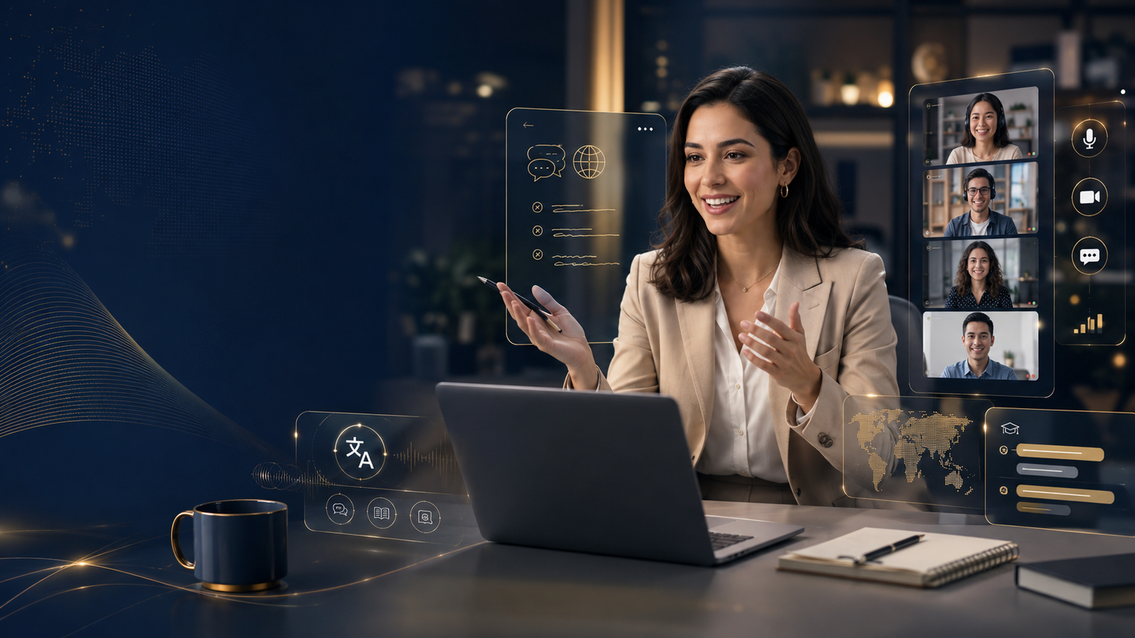 Professora ensinando online com recursos de aula digital e alunos conectados